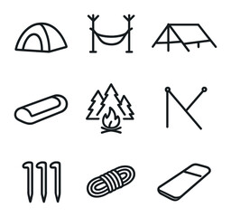 Fototapeta premium Camping Gear Icons. Outline icon set of shelters and campsites: dome tent, hammock tent, tarp shelter, bivy sack, campsite