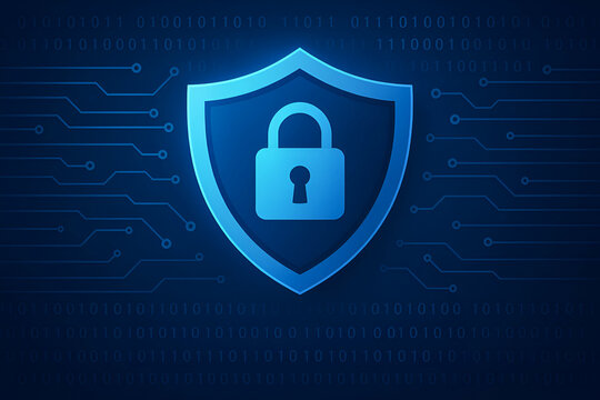 This image features a blue shield symbol with a padlock, representing cybersecurity and data protection in the digital age