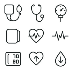 Blood Pressure Icons. Outline icon set of blood pressure measurement: sphygmomanometer, stethoscope, pressure gauge, cuff wrap,