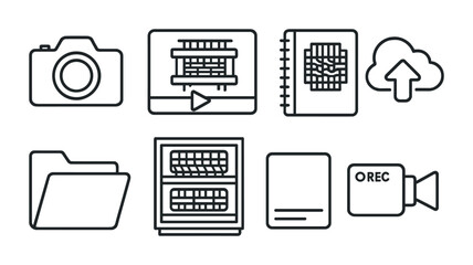 Photography and technology line icons set – linear, digital and multimedia symbols