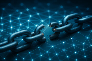 A futuristic digital representation of a broken chain link set against a network of glowing nodes, illustrating concepts of security, connectivity, and the importance of resilience