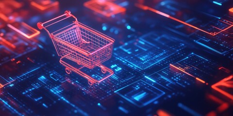 Digital shopping cart on a glowing circuit board