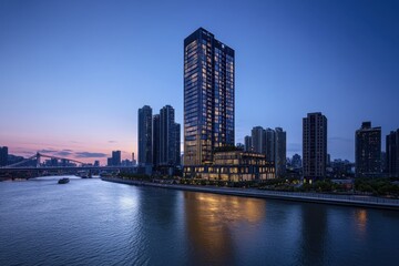 Naklejka premium Modern cityscape of the Qiantang River in Zhejiang Province, China, with illuminated buildings and skyscrapers along the riverbank during the blue hour Generative AI