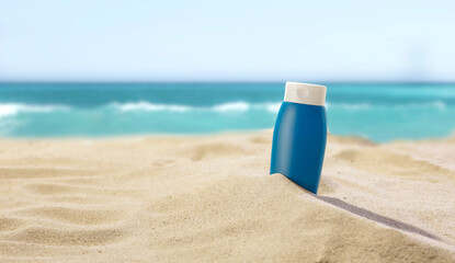 Sunscreen on Beach Sand – Summer Skincare and Sun Protection Concept. Sunlight with sea and blue sky background with summer vacation, sun protection, and time spent at the beach concept.