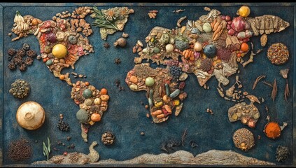 World map adorned with various foods & spices