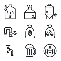 Brewery Process Icons. Outline icon set of brewery process with beer mug: mash tun, kettle, fermenter, brewery pipe, grain sack,