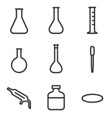Chemistry Glassware Icons. Outline icon set of chemistry glassware essentials: Erlenmeyer flask, volumetric flask, graduated