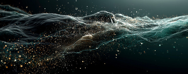 Abstract oceanic surface with shimmering particles and energy arcs. A dynamic, captivating view of nature's elements interplaying.