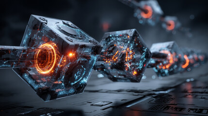 Block chain technology in the form of digital cubes connected to the network. Data blocks in cyberspace. Fintech computer isometric conceptual background. Blockchain network abstract illustration.