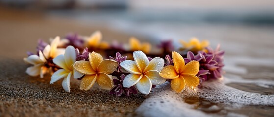 Fototapeta premium Beach blossoms Dewkissed lei on the shore