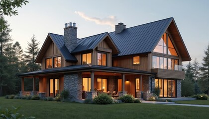 Modern house with wooden facade, stone columns, dark metal roof. Exterior shows windows, front door, porch with outdoor furniture. Residential home with lawn, trees, sky. New construction home, real