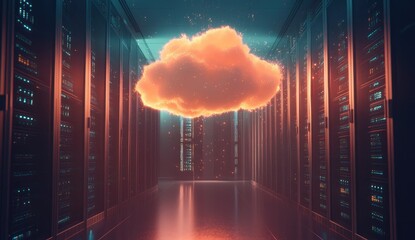 Large, orange cloud floats in a server room