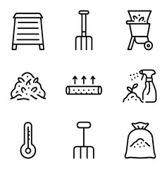 Composting Tools Icons. Outline icon set of composting cuttings waste: compost bin, garden fork, shredding machine, compost pile,