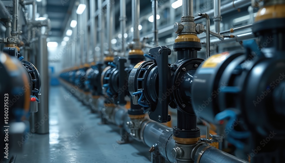 Aufkleber Smart water management system with automated leak detection, efficient distribution. Illustration tech, industry. Focus on industrial facility with pipes, valves for energy efficiency. Modern