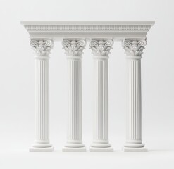 Four classic white columns with ornate capitals and entablature against a white background