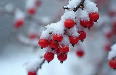 Close-up of red rosehip berries covered in snow on bush in winter. Rosa canina plant with snowy branch. Vitamin-rich wild fruit, natural food source. Winter season, cold weather.
