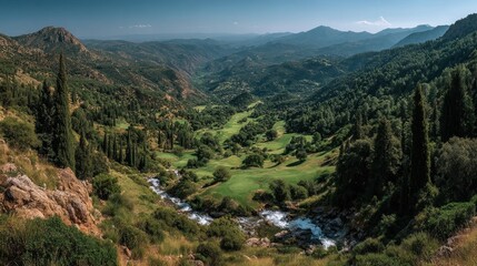 Fototapeta premium Mountain Valley in Andvals: Summer River & Forest Greenery