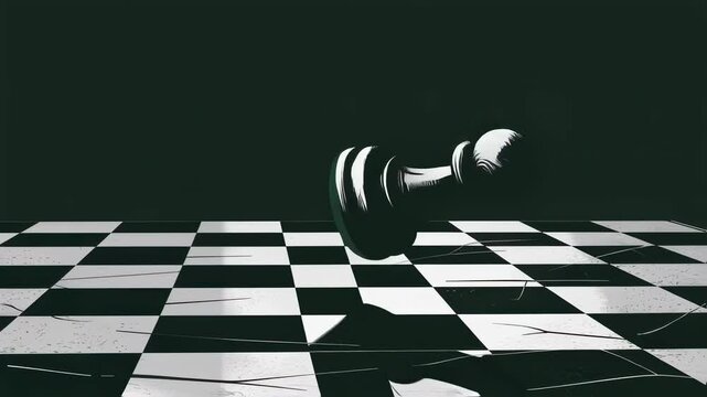 Dramatic lighting emphasizes a black pawn standing on a checkerboard, casting a long shadow as the light dims and the pawn falls, creating a suspenseful atmosphere