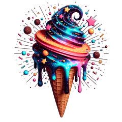 Isolated Cosmic Ice Cream Cone Vibrant Galactic Swirl with Candy Sprinkles on Transparent Background