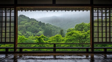 Fototapeta premium Rainy Day View from Japanese Room Green Mountains