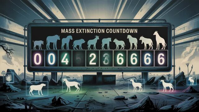 Endangered wildlife fading on digital screen, countdown approaching zero within barren apocalyptic landscape, symbolizing global environmental crisis and species extinction threat