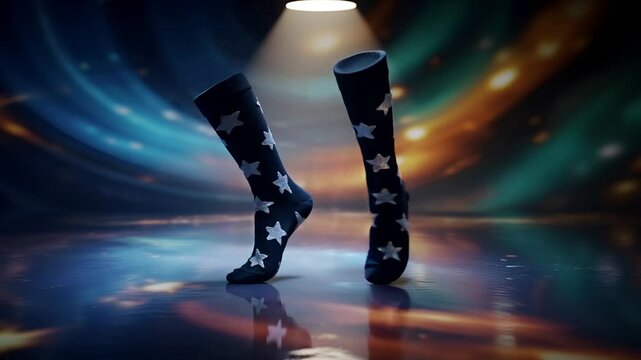 A fun and joyful pair of whimsical socks with star shapes tap dancing on a shiny epoxy floor amidst a swirling cosmic backdrop
