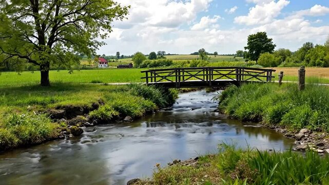 Rural landscape with wooden bridge over creek