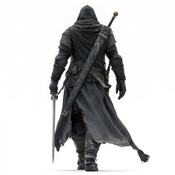 Fototapeta Dark hooded figure, sword and scabbard, walking away