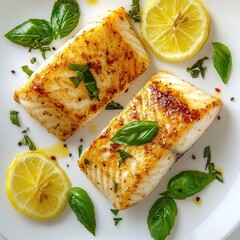 Pan-seared fish fillets, garnished with fresh basil and lemon slices
