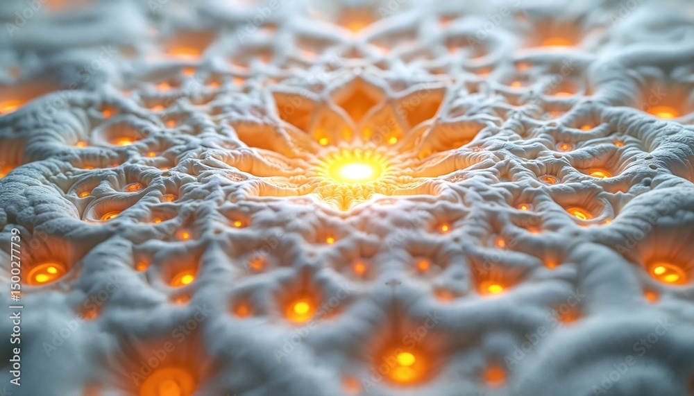 Poster intricate white fractal mandala, symmetrical patterns with golden lights. digital artwork features r