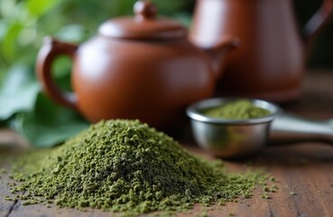 Plakat Close-up mate herb with utensils, cups, teapot on wooden table. Traditional beverage drink from Argentina, Brazil, Paraguay. Healthy green tea, yerba mate. Drink preparation, culture.