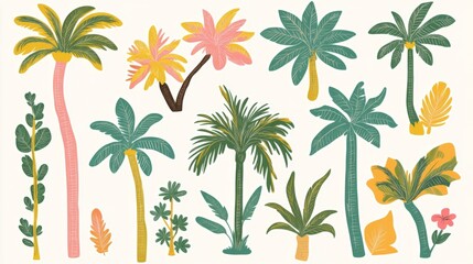 Cartoon-style palm trees and tropical leaves with bright jungle patterns.