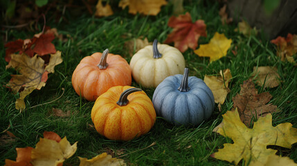 Colorful pumpkins placed on grass among autumn leaves in a serene garden setting during fall season