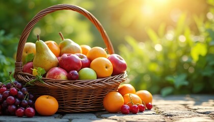 Sunlit assorted fruit basket outdoors. Ripe red apples, orange tangerines, green pears, grapes, cherries mix in wicker basket. Healthy eating, fresh harvest, organic food, dieting concept.