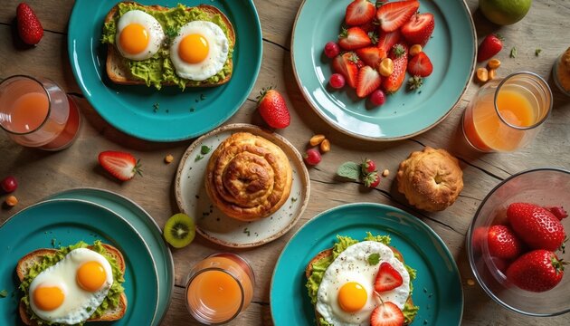 Overhead shot of brunch table with avocado toast, poached eggs, fresh fruit. Artisan pastries, orange juice glasses, wooden surface. Delicious food, breakfast, weekend meal at home.