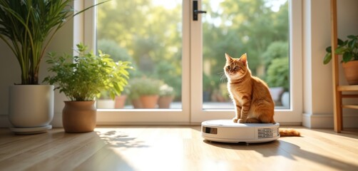 Ginger cat sits on robot vacuum cleaner in modern living room. Domestic pet, home automation, sunny summer day with green garden view. Smart tech for house cleaning, smart home concept.