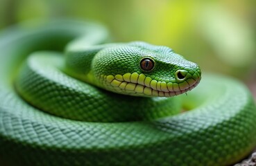 Fototapeta premium Close-up view of a vibrant green snake. The reptile is coiled with textured scales. Exotic animal in natural habitat, wildlife close-up. Sharp focus on the snake eye, nature and wildlife.