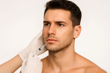 portrait of handsome young man getting botox injections from doctor