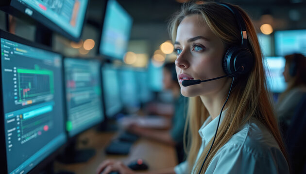 Female dispatcher wearing headset in control room. Woman monitors multiple screens working on logistics communication systems. Tech, operations management concept. Pro, focused person at work.