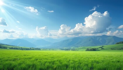 Fototapeta premium Panoramic natural landscape with green grass field and blue sky with clouds and mountains in background. Sunny weather, summer season. Perfect eco-friendly, sustainable wallpaper for posters.