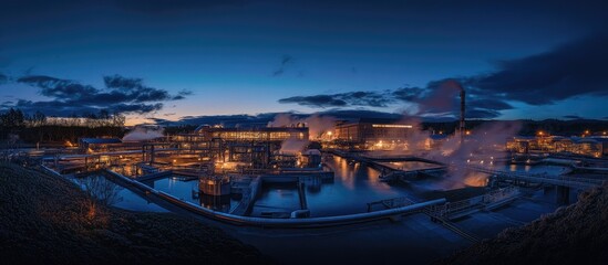 Industrial complex at twilight, illuminated by warm lights