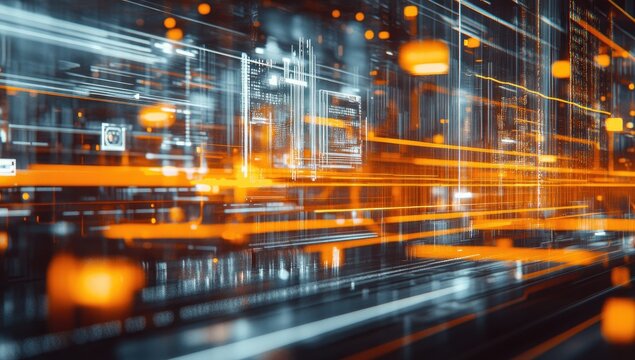 Abstract digital network, blurred lines, and orange highlights