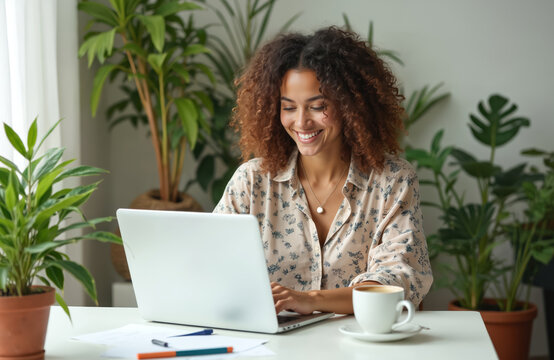 Young woman smiling while working on laptop at home. Using computer in home office with plants. Happy businesswoman at desk with hot drink. Online education, remote work concept.