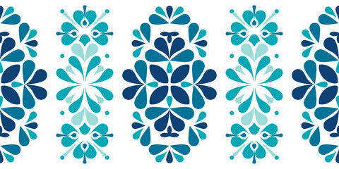 Vector illustration of a seamless ethnic folk pattern in blue tones with floral and geometric patterns. Perfect for use on fabric, wallpaper, wrapping paper and clean, traditional decorative designs.
