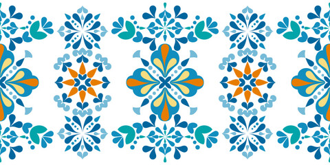 Vector illustration of a seamless ethnic folk pattern in blue tones with floral and geometric patterns. Perfect for use on fabric, wallpaper, wrapping paper and clean, traditional decorative designs.
