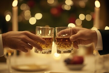 Two hands raise glasses of amber liquid, festive setting