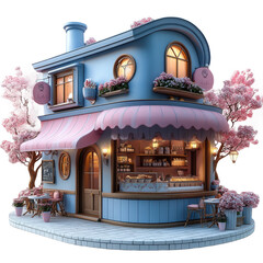 Charming bakery shop cafe with pink awning and cherry blossom trees art on transparent background