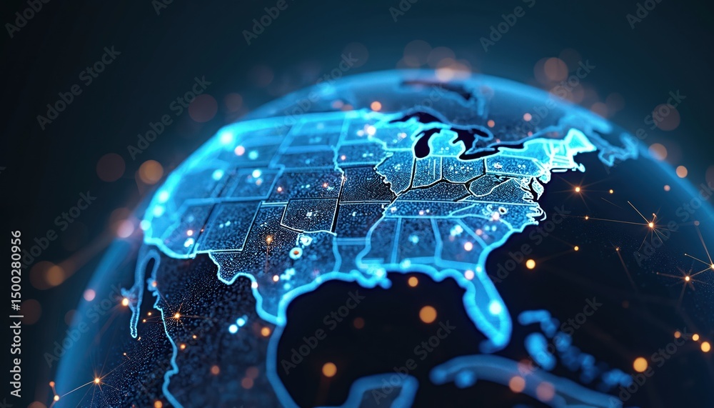 Poster Digital illustration of America-centric globe with glowing network connections representing high-speed data transfer. Cyber technology, global network infrastructure, information flow across
