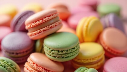 Close-up of colorful macarons. French dessert, various colors, pastel palette. Sweet snack, tasty cookies, confectionery, pastry, delicious food. Close-up texture, tasty sweet background.