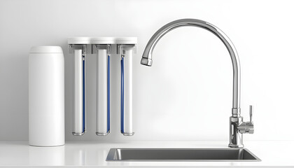 Home water purification system with simple compose design for enhanced clean drinking water. concept of healthy lifestyle, modern kitchen appliance, eco-friendly living